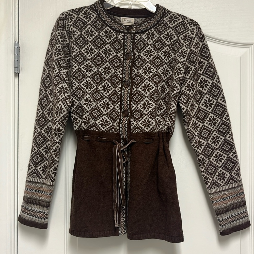 LL Bean Lambs Wool Button Sweater with waist tie.